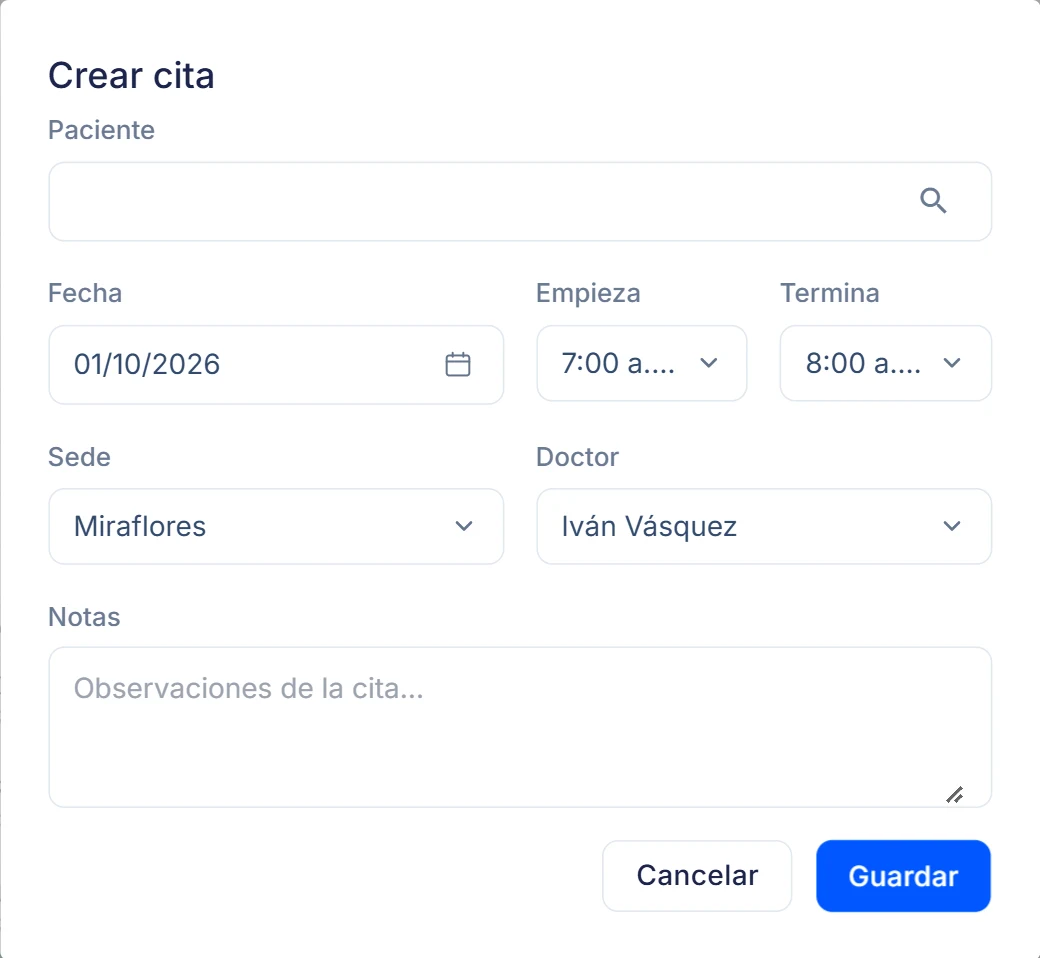 El formulario Crear cita abierto, con los campos Paciente, Fecha, Empieza, Termina, Sede, Doctor y Notas