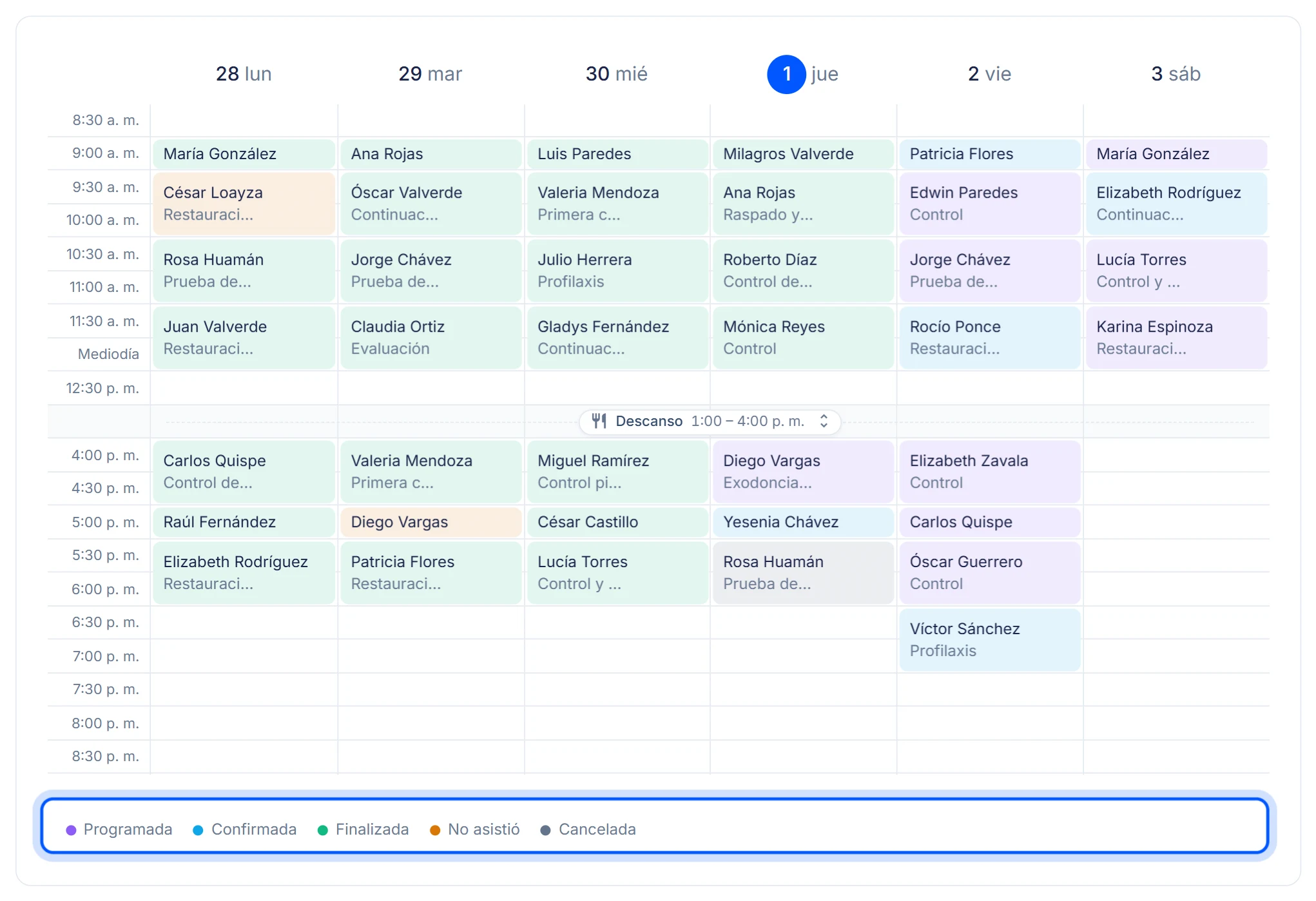 La semana en la agenda con citas de varios colores, y abajo la leyenda marcada: Programada, Confirmada, Finalizada, No asistió y Cancelada