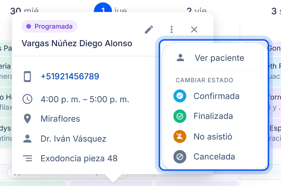 La tarjeta de una cita confirmada con el menú de tres puntos abierto: Ver paciente y, bajo Cambiar estado, las opciones Programada, Finalizada, No asistió y Cancelada