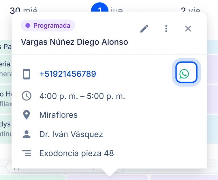La tarjeta de la cita con el botón de WhatsApp marcado, junto al teléfono del paciente
