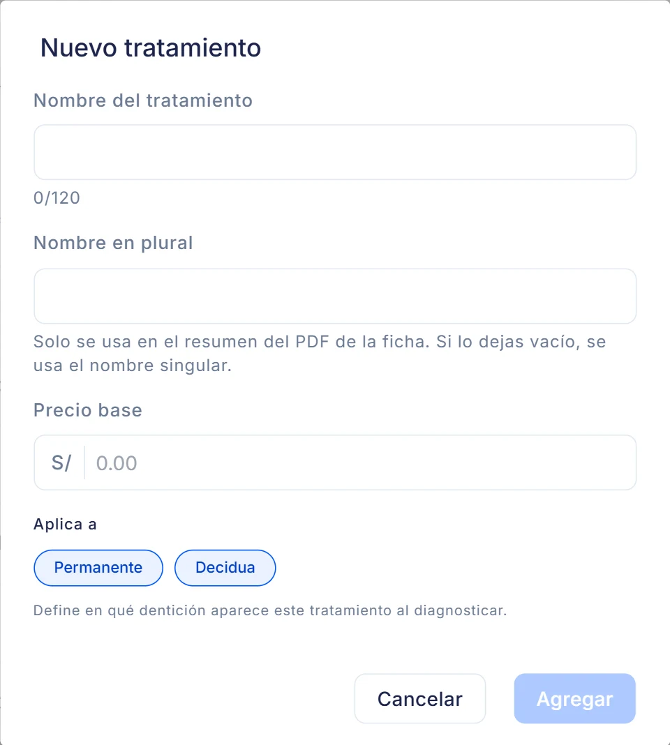 El formulario de tratamiento nuevo: nombre, nombre en plural, precio base y dentición