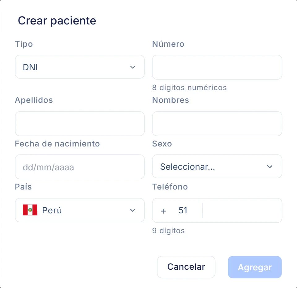 El formulario de paciente nuevo: tipo y número de documento, apellidos, nombres, fecha de nacimiento, sexo y teléfono