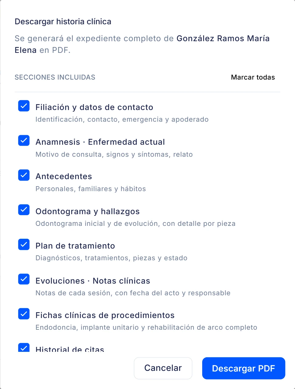 La ventana Descargar historia clínica con la lista de Secciones incluidas y el botón Descargar PDF