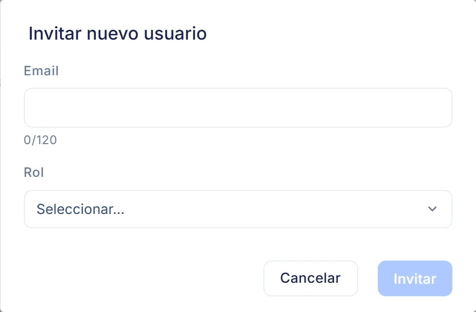 El formulario de invitación con los campos Email y Rol, y el botón Invitar