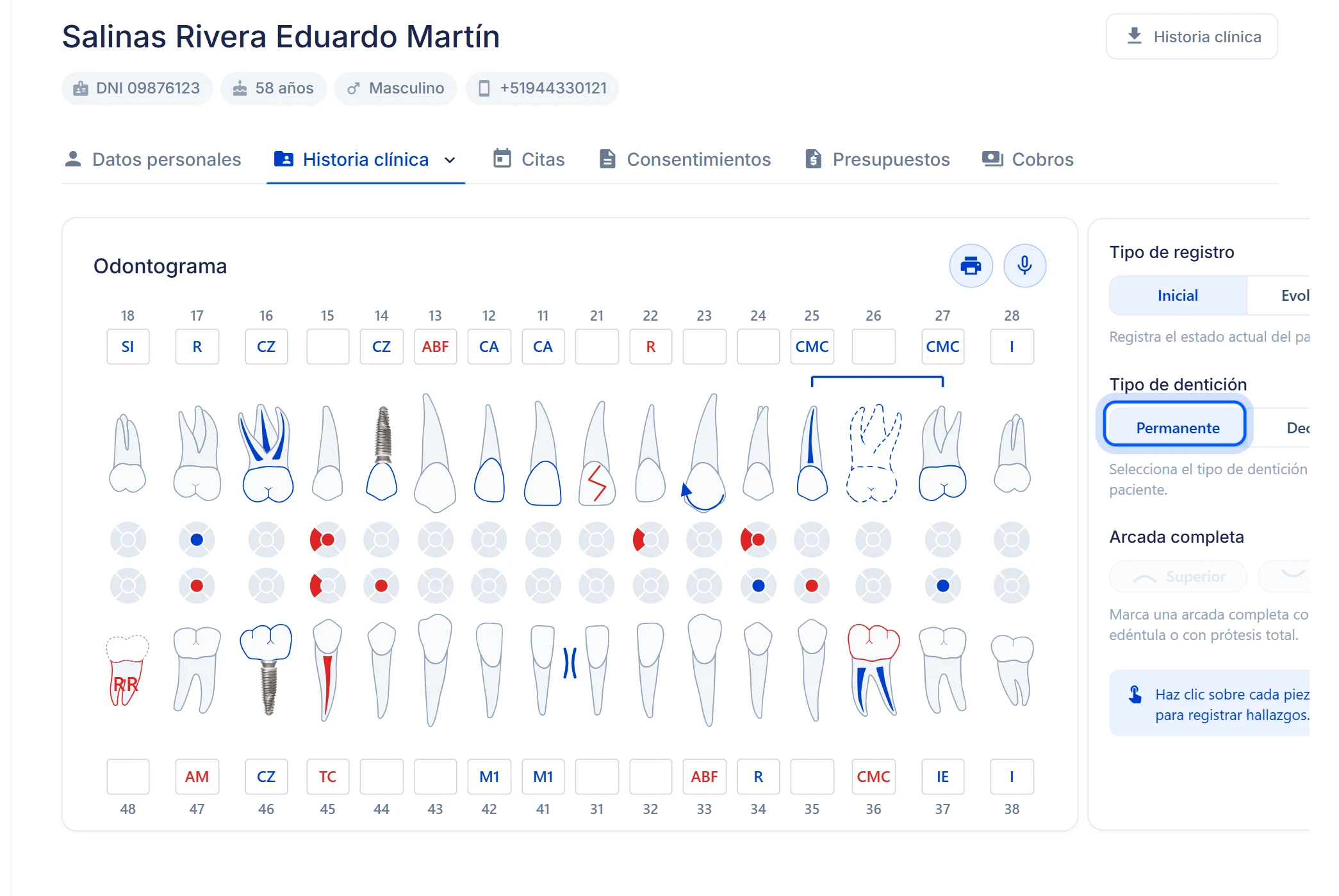 El odontograma dentro del expediente, con el selector de dentición Permanente marcado