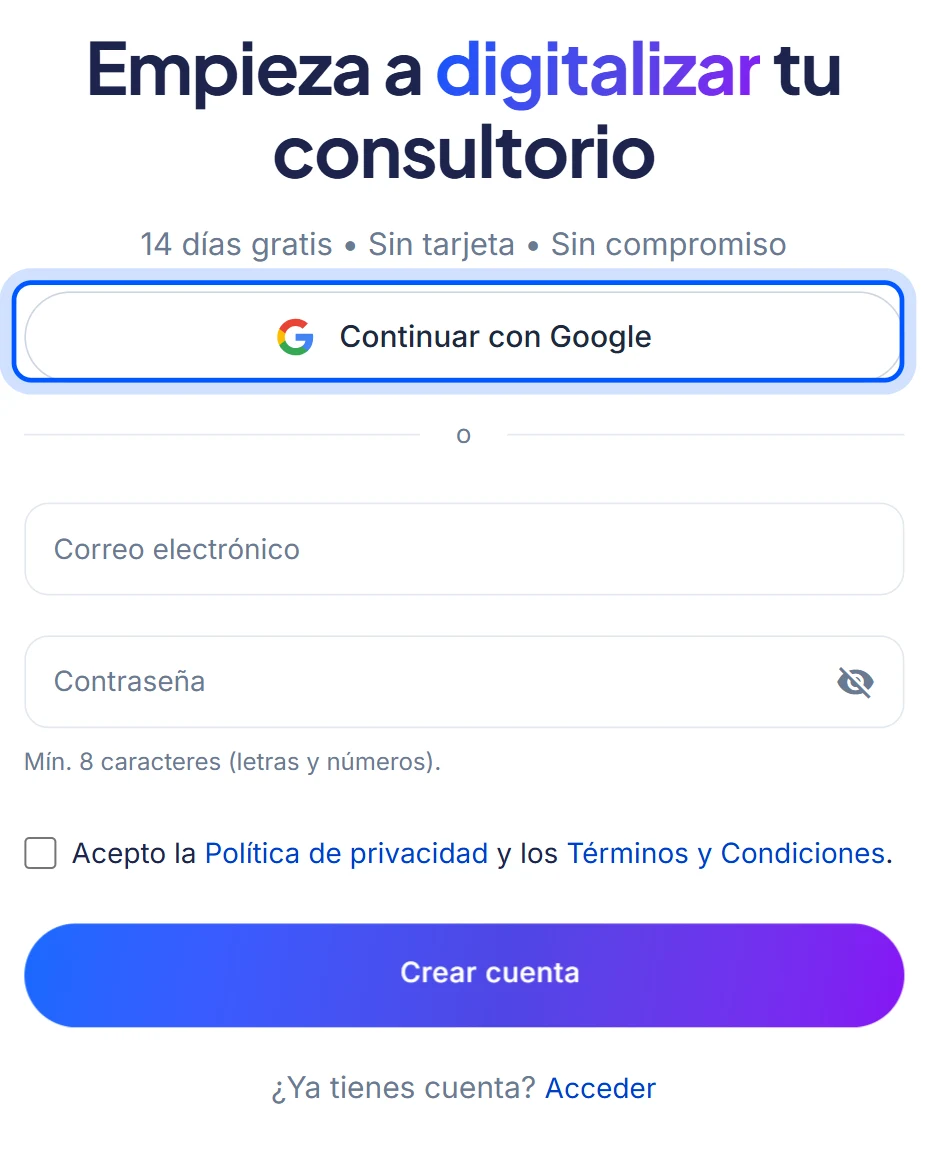 La pantalla Crear cuenta, con el botón Continuar con Google marcado y debajo los campos de correo y contraseña