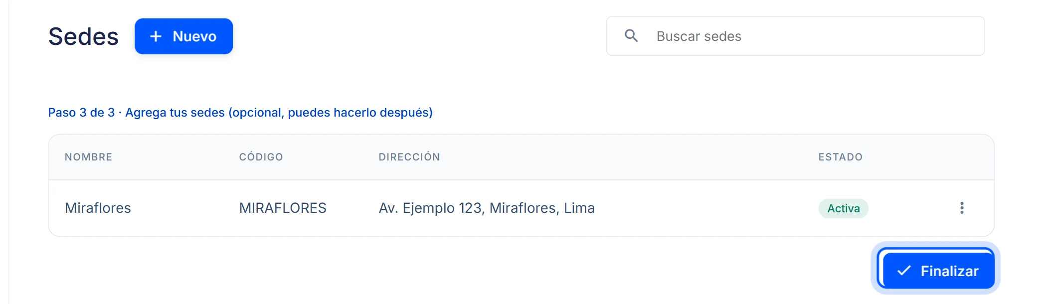 El paso de sedes con el botón Finalizar marcado