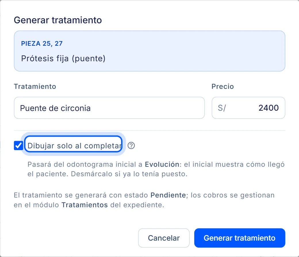 El diálogo Generar tratamiento con el puente elegido, su precio y la casilla Dibujar solo al completar marcada