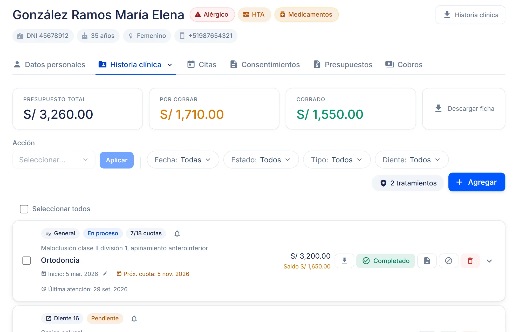 Ficha de una paciente en Dentista360: alertas médicas, presupuesto, saldo por cobrar y plan de ortodoncia en cuotas
