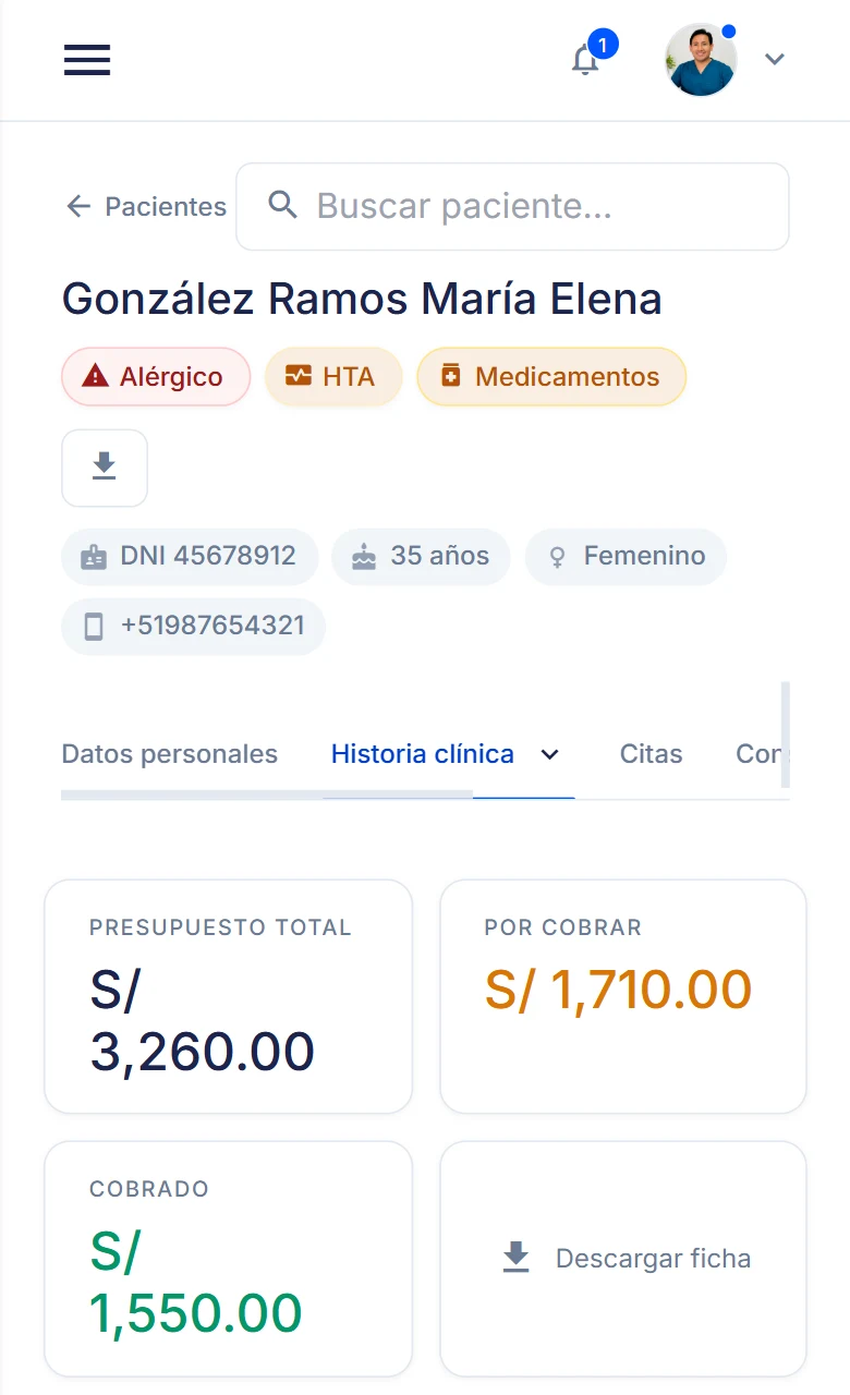 Ficha de una paciente en Dentista360: alertas médicas, presupuesto, saldo por cobrar y plan de ortodoncia en cuotas