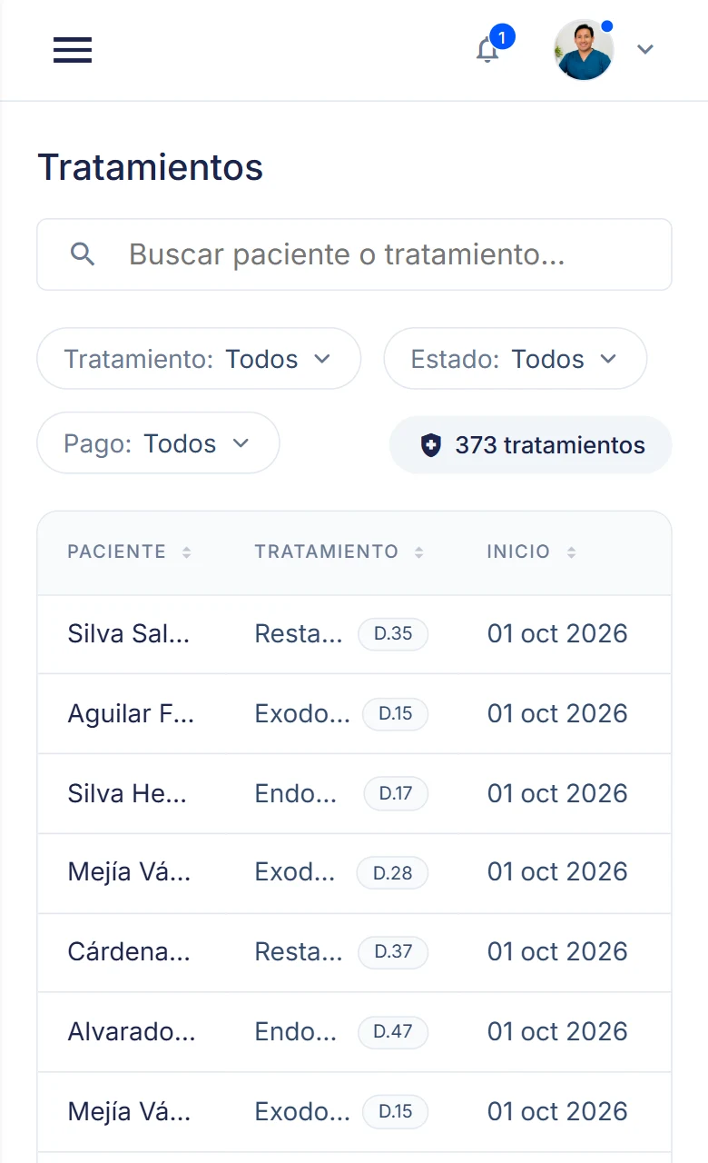 Lista de tratamientos de la clínica con fecha de inicio, total, saldo y estado de pago